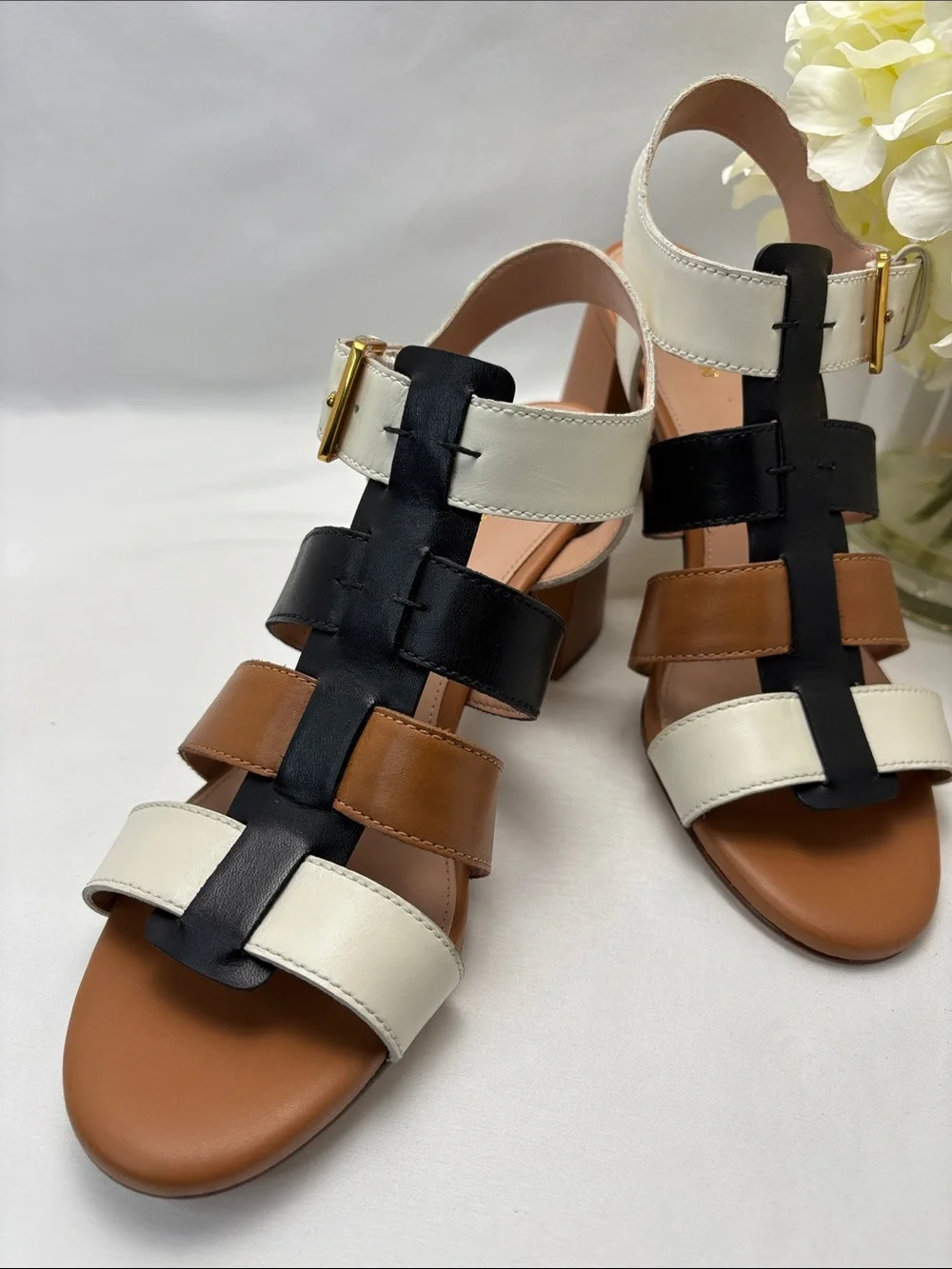 Cole Haan Women’s 9.5 Tri-Panel Leather Block Heel Sandals -Blk,Brn and Wht #462
